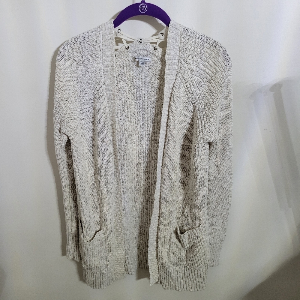 American Eagle Outfitters Cream Cardigan Sweater Open Front Knit Laced Back Sz S